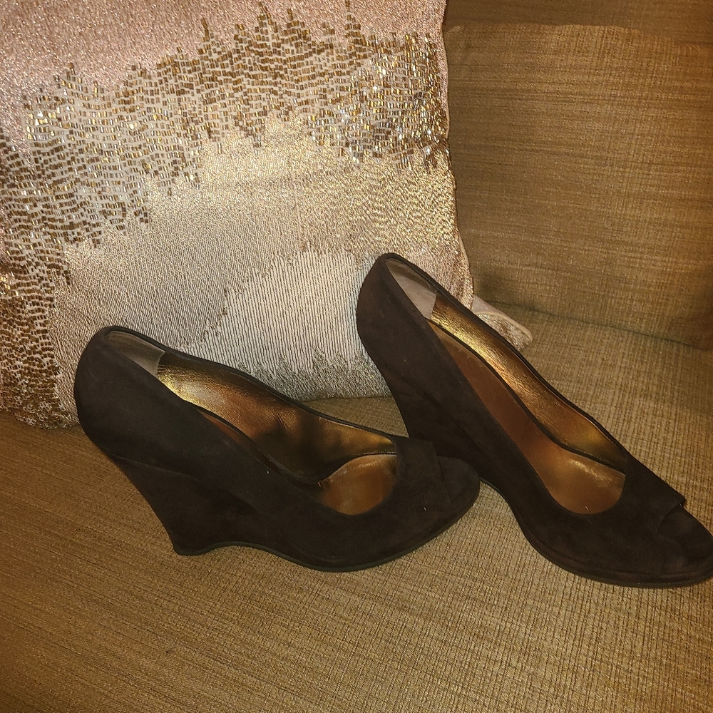 Miu Miu Brown Suede Peek Toe Wedges